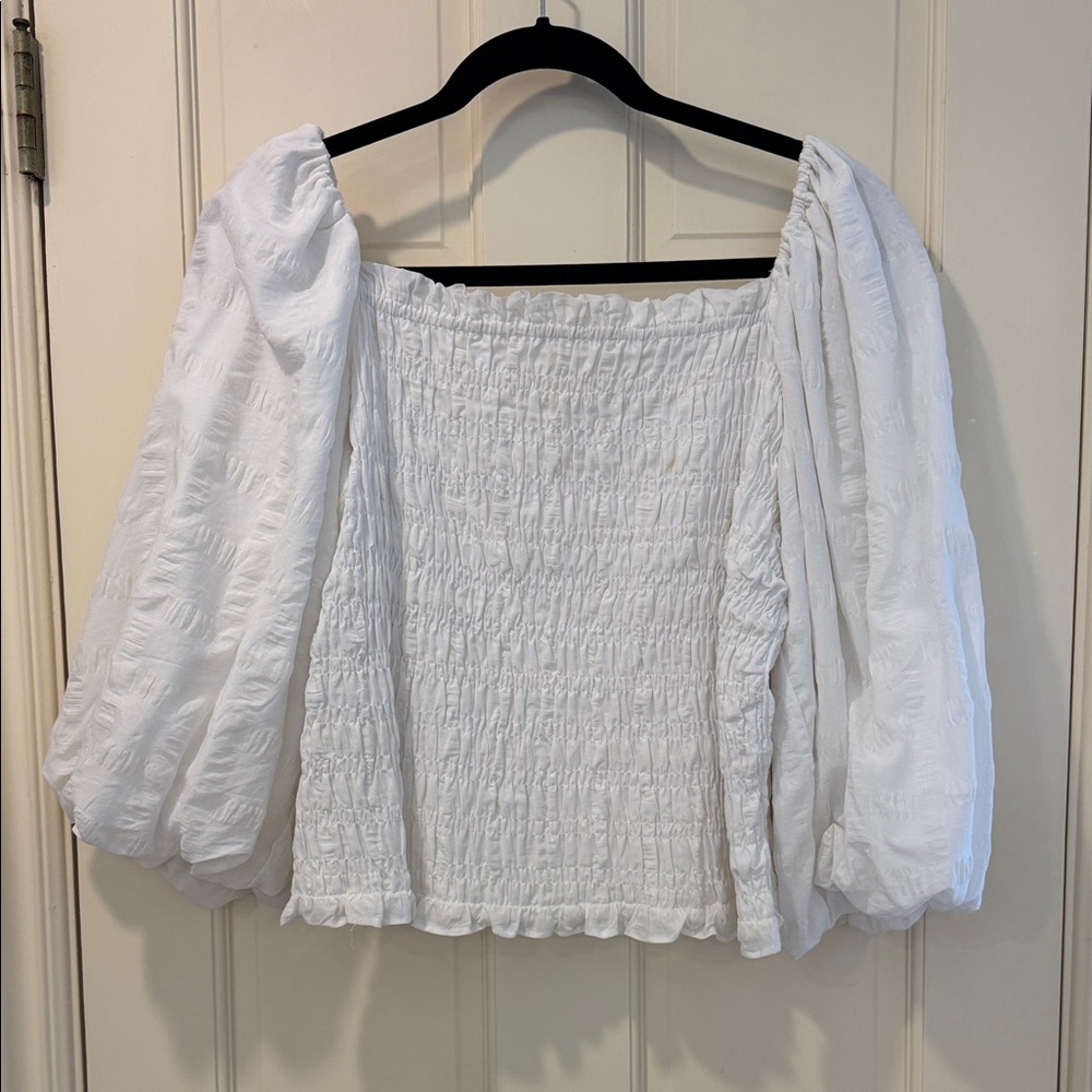 Maeve White Smocked Puff-Sleeve Blouse